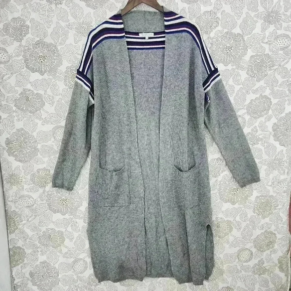 Heartloom Open Front Women's Midi Sweater Cardigan Size L Gray Striped 1119 - Picture 1 of 9